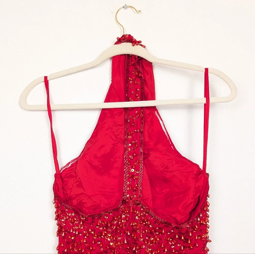 Vintage Alyce Designs Red Beaded Halter Slit Formal Gown Size 10 - Picture 5 of 8